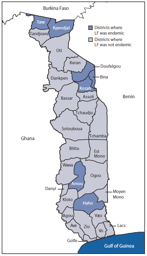 The figure shows districts where lymphatic filariasis (LF) was endemic in Togo in 2000. A total of 61 villages were included in the baseline mapping in 2000. Of the 5,009 persons tested during the mapping, 89 (1.8%) had a positive immunochromatographic test result, indicating LF infection. The infection rate was ≥1% in seven of the 35 districts, where approximately 1.1 million persons lived.